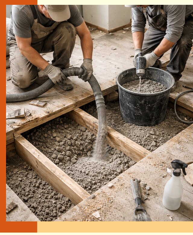 Заполнение пустот пола в Омске полиуретаном и пенополистиролом